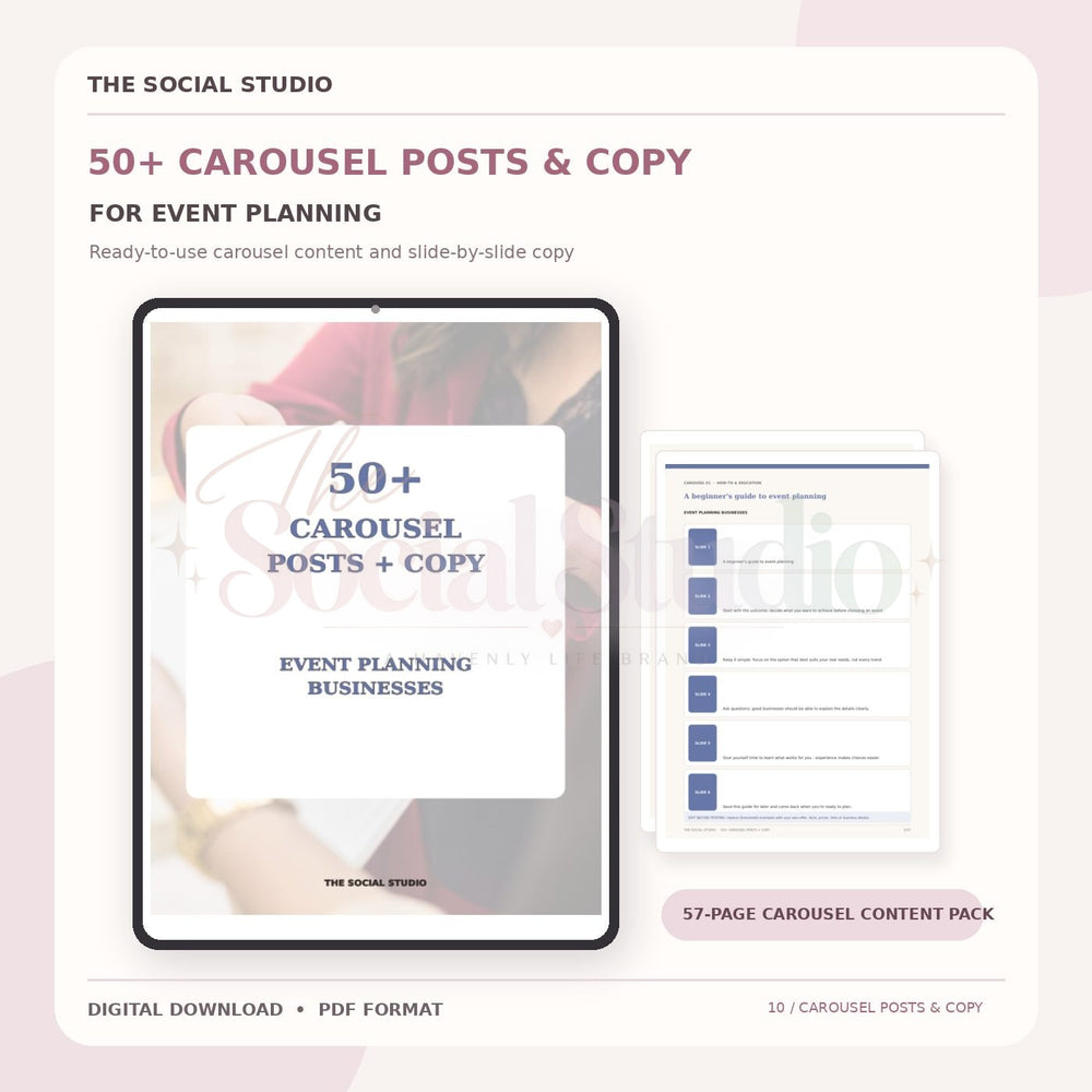 Event Planning – Carousel Ideas & Copy Pack | The Social Studio