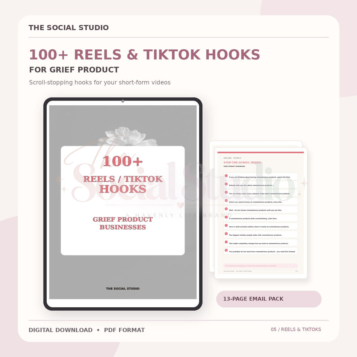 Grief Products – 100+ Reels & TikTok Hooks | The Social Studio
