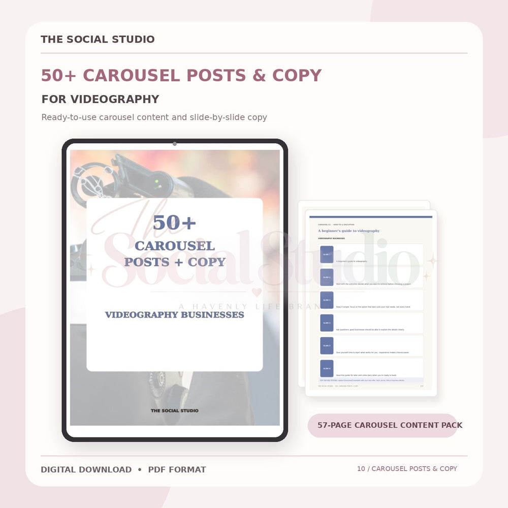 Videography – Carousel Ideas & Copy Pack | The Social Studio